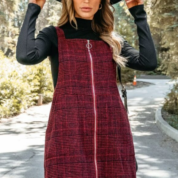 CUPSHE -- Burgundy Plaid O-Ring Pinafore Dress - Picture 3 of 8